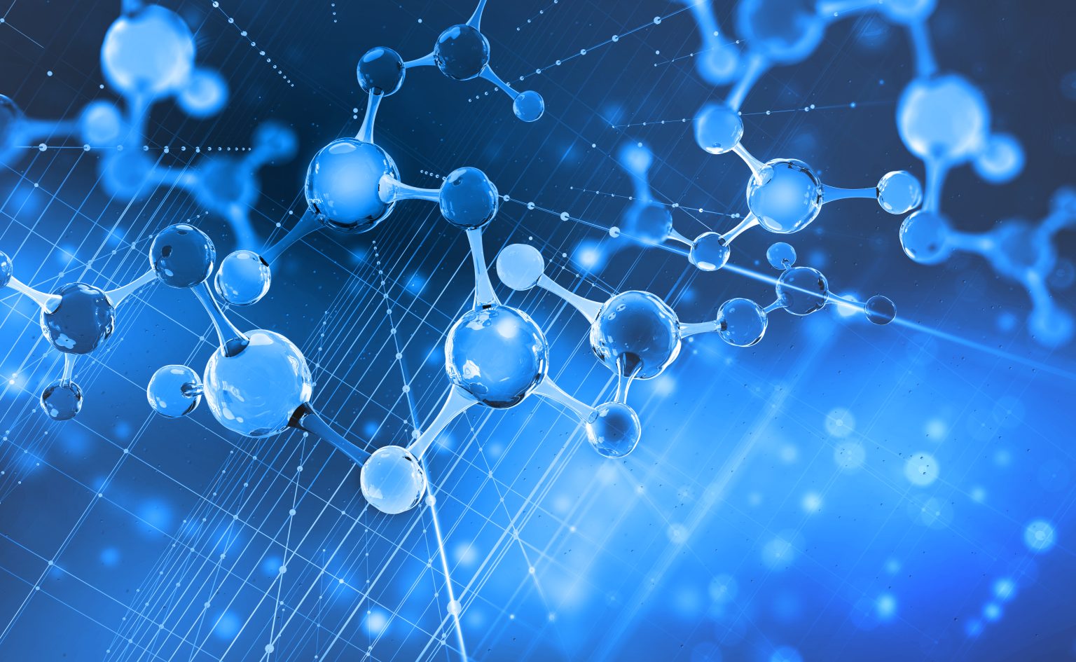 AI-driven drug discovery concept showing molecular structure over digital network infrastructure background