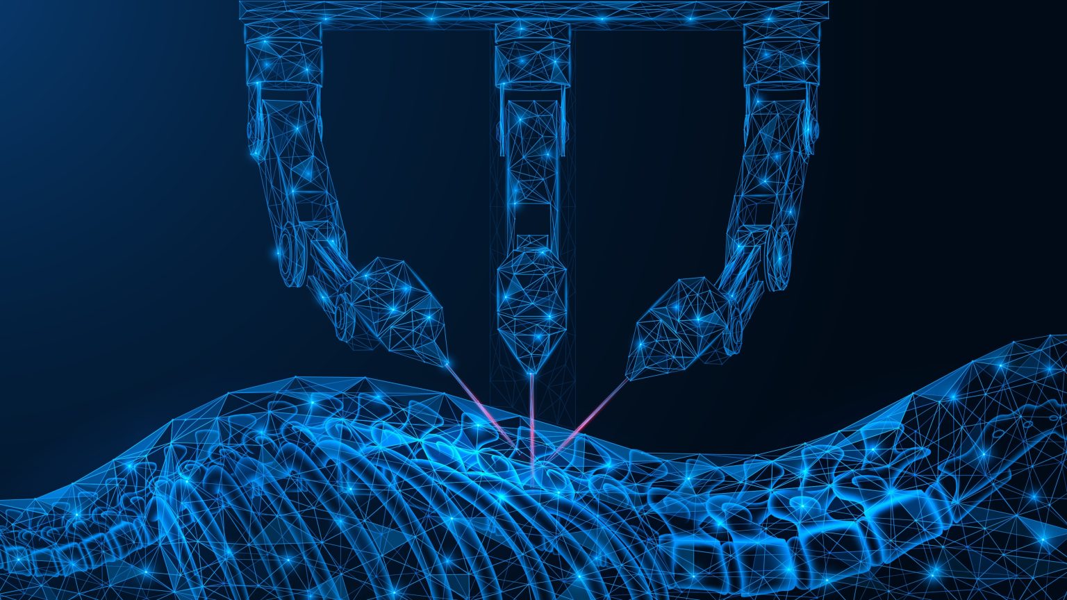 Robotic arms performing autonomous spine surgery on vertebral column — wireframe digital illustration