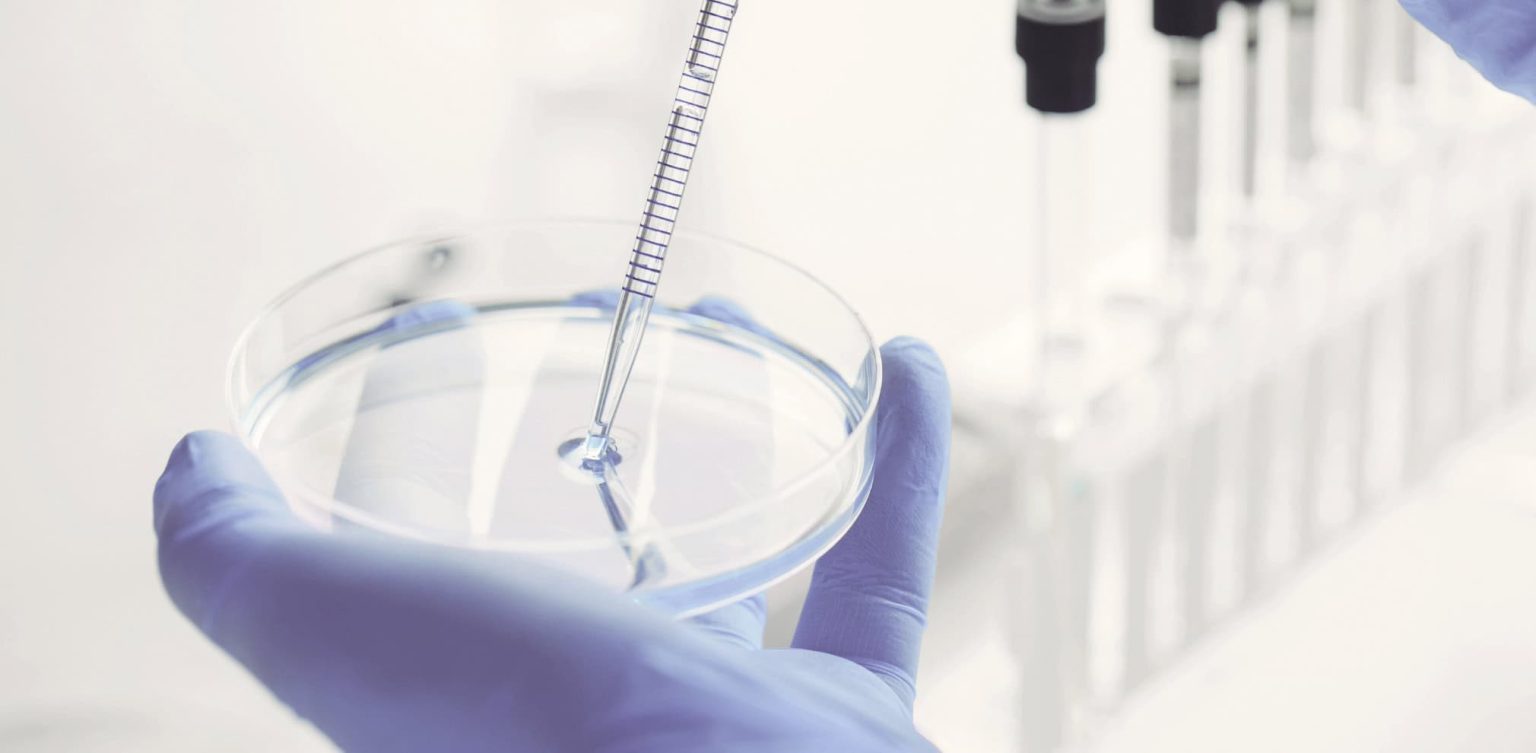 Gloved hands pipetting into a petri dish in a clinical research laboratory, representing evidence-based drug development in women's health.